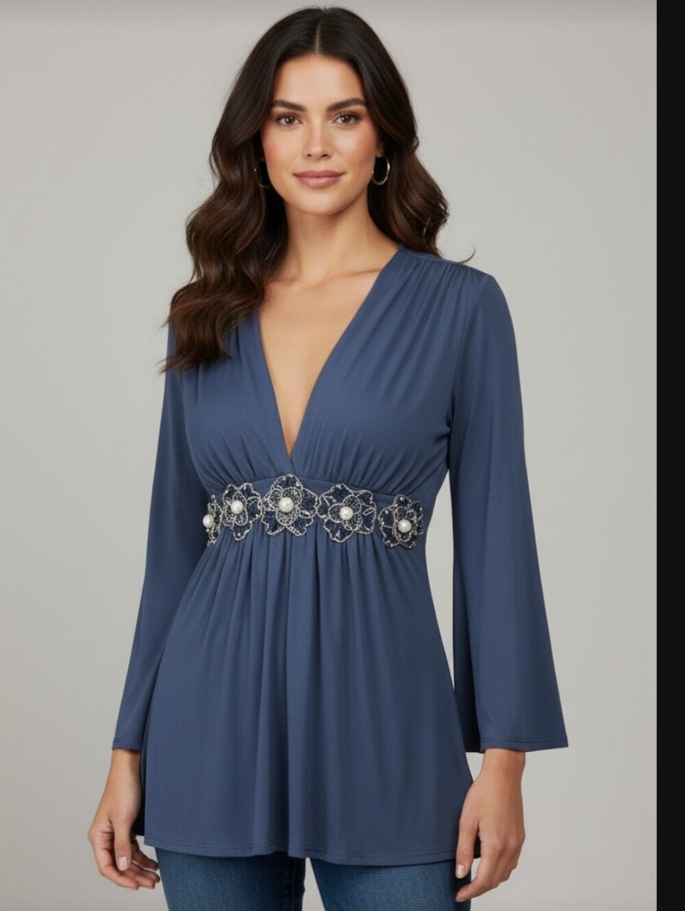 Sky Navy Embellished Waist Long-Sleeve Women's Top size XS NWT
